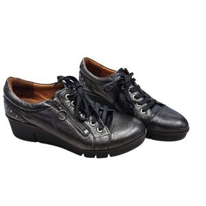Pikolinos Black Metallic Leather Wedge‎ Sneakers Lace Up Zip Detail Size 38